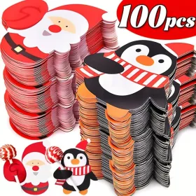   100 db-os karácsonyi nyalóka tartó kártya - Mikulás, pingvin, hóember mintás ünnepi dekorációs csomagoló kiegészítő