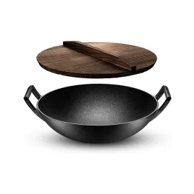   Öntöttvas wok hagyományos kínai fa fedővel 36,5 cm 11813