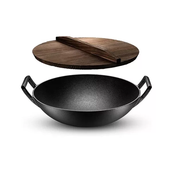 Öntöttvas wok hagyományos kínai fa fedővel 36,5 cm 11813