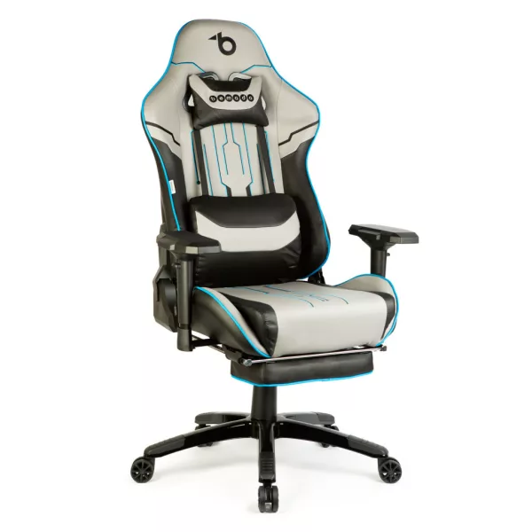 BeMaDa gamer szék párnával, szürke/fekete/kék, 84 x 52 / 48 x 50 cm