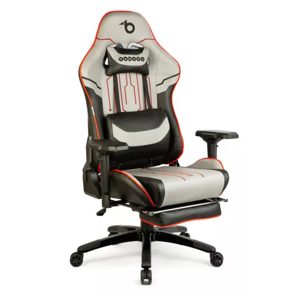 BeMaDa gamer szék párnával, szürke/fekete/piros, 84 x 52 / 48 x 50 cm