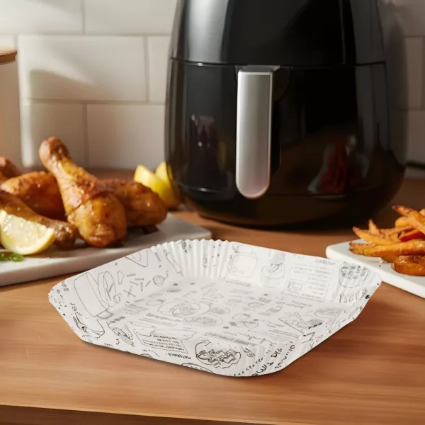Bewello air fryer sütőpapír olaj nélküli sütőhöz, mintás, négyzet, 20 cm, 50 db/csomag