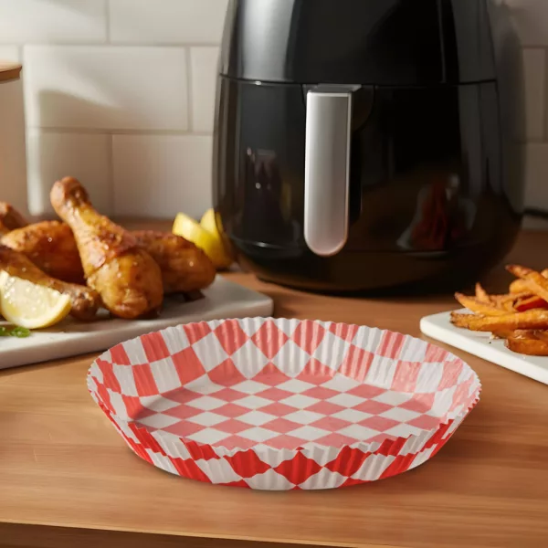 Bewello air fryer sütőpapír olaj nélküli sütőhöz, kockás, kör, 20 cm, 50 db/csomag