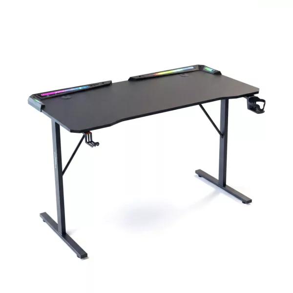 BeMaDa gamer asztal RGB LED-del, USB-vel, pohártartóval, fejhallgató tartóval, 120 x 60 x 75 cm, fekete
