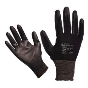   Kötött kesztyű fekete nylon, XL-es méret, 10' poliuretánba mártott teny. és ujjhegy., gumírozott mandzse