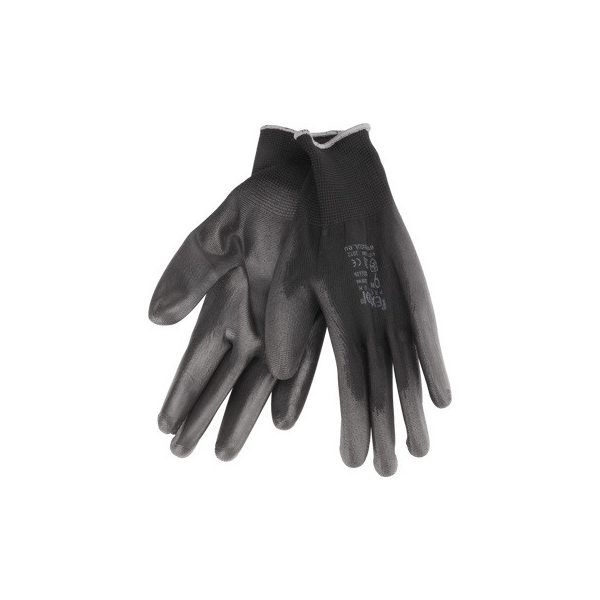 EXTOL PREMIUM Kötött kesztyű fekete poliészter, méret: 8' poliuretánba mártott teny. és ujjhegy., gumírozott mandzsetta