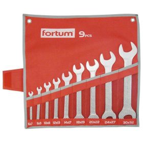   FORTUM villás kulcs klt. 9db 6-32mm, 61CrV5, mattkróm; 6×7, 8×9, 10×11, 12×13, 14×17, 18×19, 20×22, 24×27, 30×32mm, vászon tok