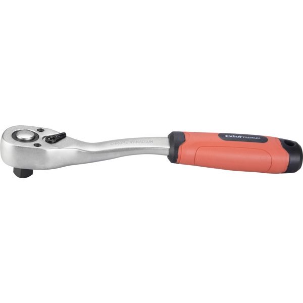 EXTOL PREMIUM racsnis hajtókar, CV., 45 fog, hajlított szár, csúszásgátló TPR markolat; 1/2', 253 mm