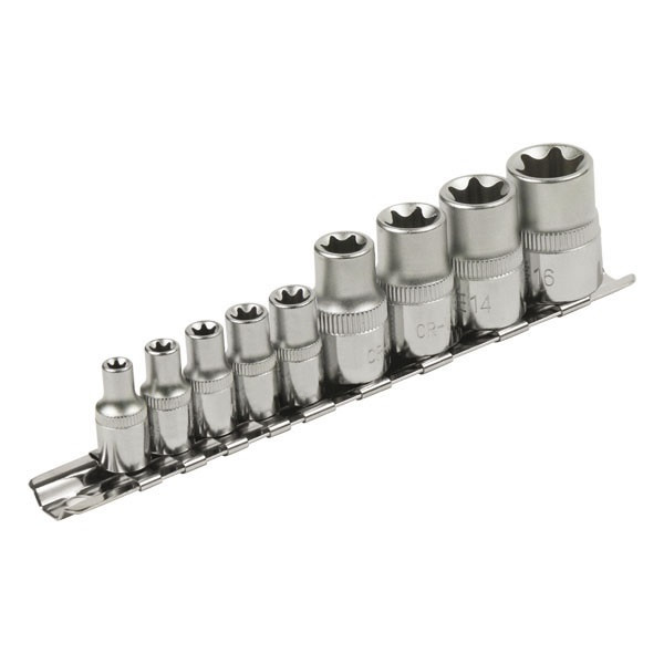 EXTOL PREMIUM dugófej klt., E-TORX; 1/4'×5db (E5-E6-E7-E8-E10), 1/2'×4db, (E12-E14-E16-E18), tartó sínen