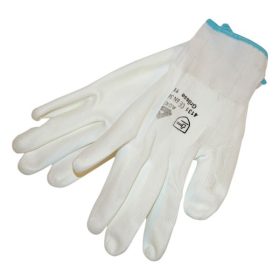   Kötött kesztyű fehér nylon, L-es méret, 9' poliuretánba mártott teny. és ujjhegy., gumírozott mandzsetta
