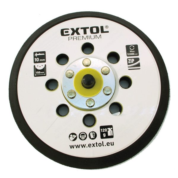 EXTOL PREMIUM tartalék gumi talp 8865038 rotációs csiszológéphez, 6'/150mm, 8 db lyuk, tépőzáras, max. 12.000/perc, vastagság: 1