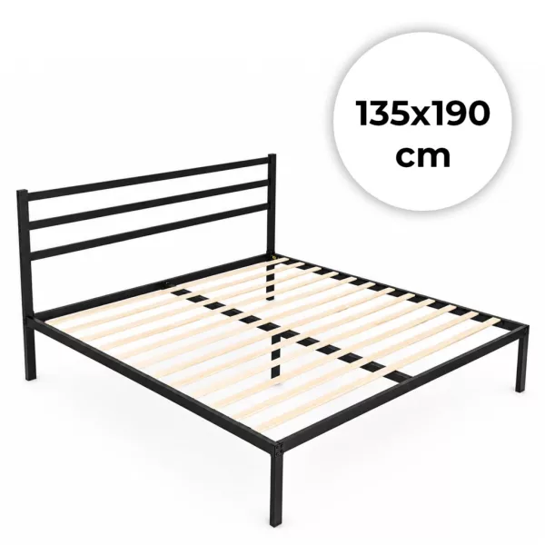 ModernHome fém ágy ágyráccsal és fejtámlával, 135x190 cm, fekete