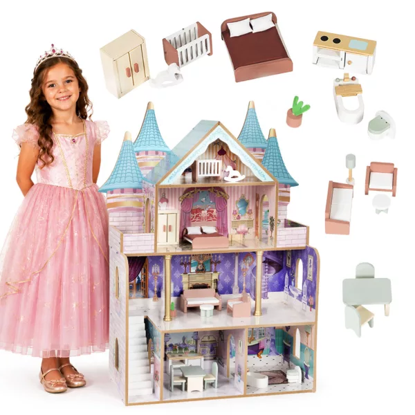 ECOTOYS Bella Castle fa babaház 4 szinttel, 5 szobával, 15 bútorral