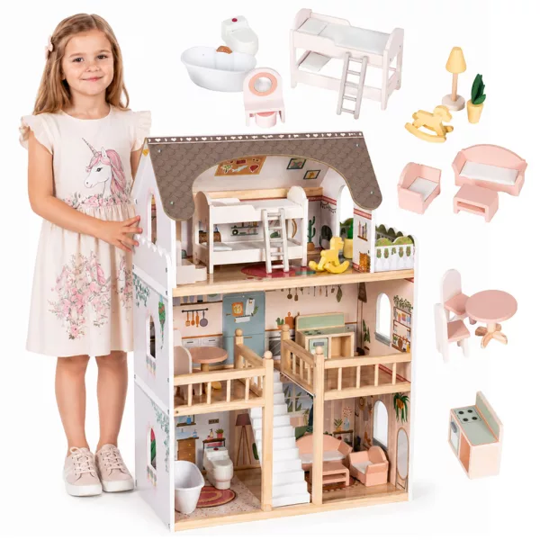 ECOTOYS Laura fa babaház, 3 emelet, 5 szoba, 15 bútorral