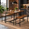 ModernHome loft stílusú étkezőasztal szett 2 paddal, öregített fa hatással