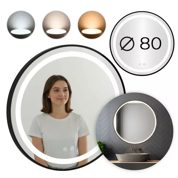 ModernHome kerek LED fürdőszobatükör, falra szerelhető, 80 cm, 3 szín, érintőkapcsolós, fényerőszabályzós