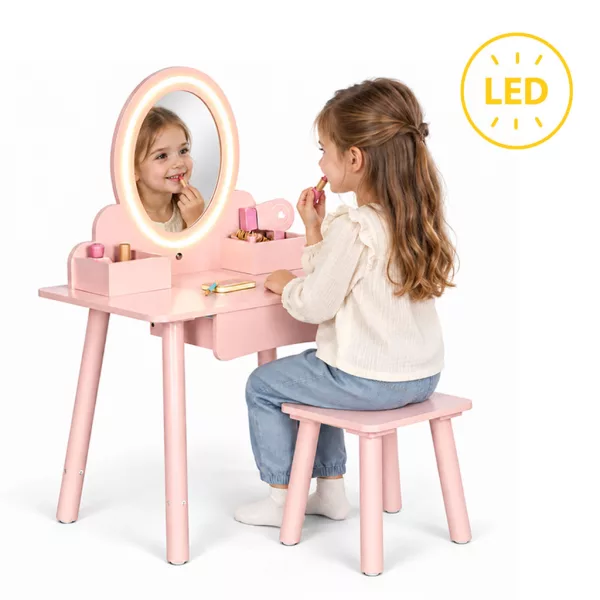 ECOTOYS rózsaszín fa gyerek toalettasztal LED tükörrel, fiókkal, székkel, 6 kiegészítővel