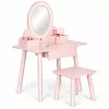 ECOTOYS rózsaszín fa gyerek toalettasztal LED tükörrel, fiókkal, székkel, 6 kiegészítővel