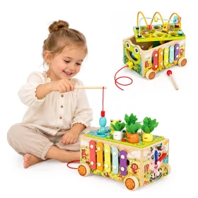   ECOTOYS 8 az 1-ben fa oktatókocka béka, húzható, formabedobó, xilofon, kukacfogó