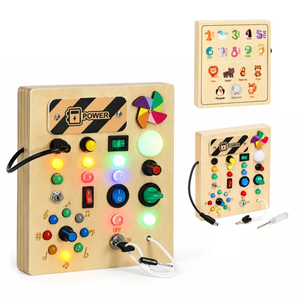 ECOTOYS fa interaktív készségfejlesztő tábla LED fénykapcsolókkal