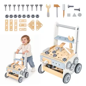   ECOTOYS fa barkácsasztal tolókocsival gyerekeknek, 34 részes szerszámkészlettel