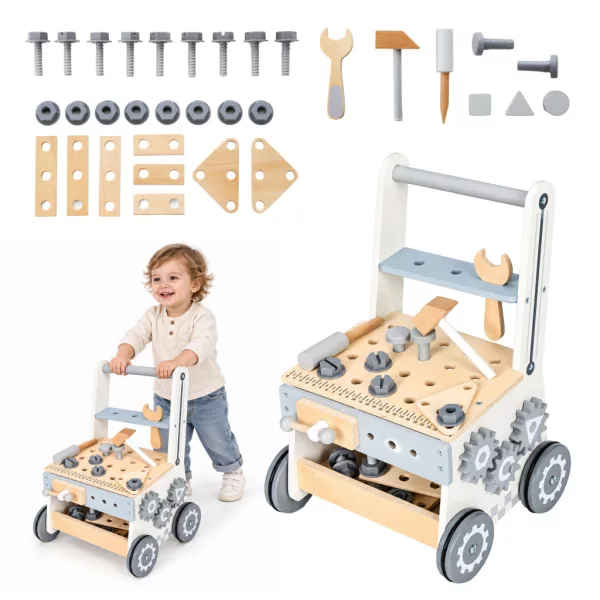 ECOTOYS fa barkácsasztal tolókocsival gyerekeknek, 34 részes szerszámkészlettel