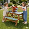 ECOTOYS fa gyerek sárkonyha piknikasztallal, padokkal, vízpumpával és mosogatóval