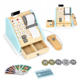   ECOTOYS fa játék pénztárgép fizetőterminállal, szkennerrel, bankjegyekkel, érmékkel és kártyával