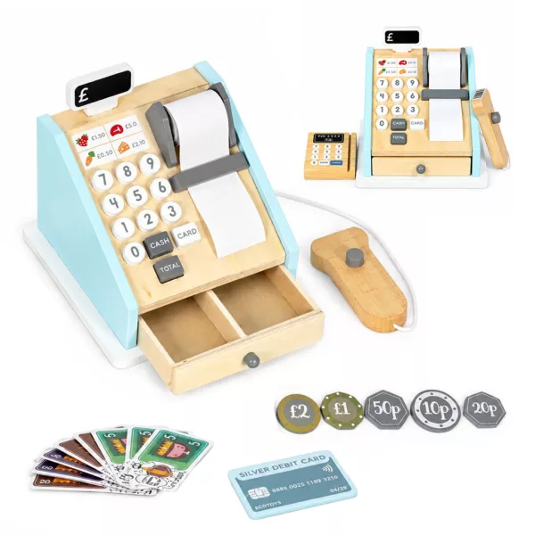 ECOTOYS fa játék pénztárgép fizetőterminállal, szkennerrel, bankjegyekkel, érmékkel és kártyával