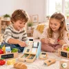 ECOTOYS fa játék pénztárgép fizetőterminállal, szkennerrel, bankjegyekkel, érmékkel és kártyával