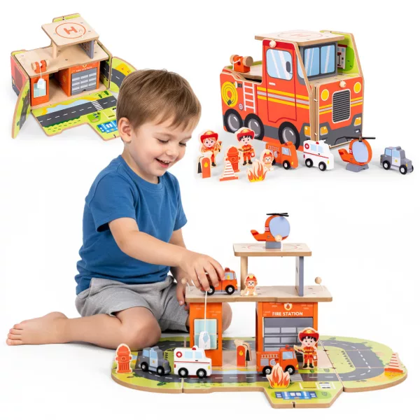 ECOTOYS fa 2 az 1-ben tűzoltóállomás garázs szett járművekkel és figurákkal, 2 szintes