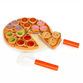   Fa pizza vágóval és Velcroval gyerekeknek, 27 darabos - Konyhai játék, fa élelmiszer, gyerek konyha