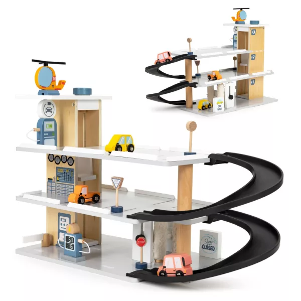 ECOTOYS nagy fa parkológarázs lifttel, autókkal, helikopterrel és autómosóval
