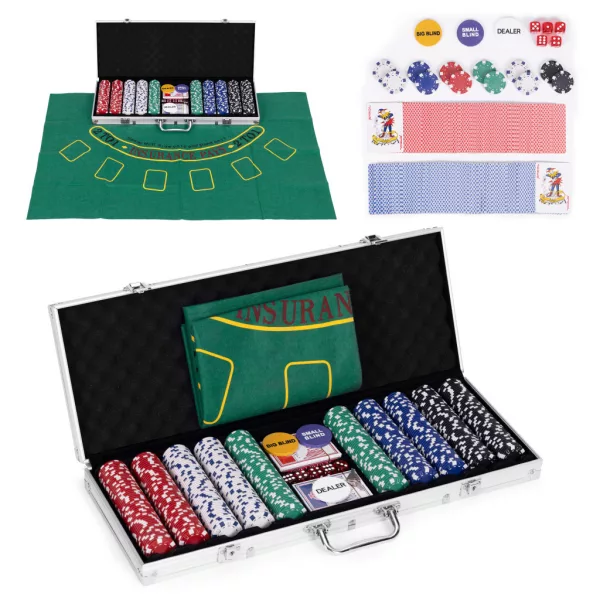 MULTISTORE póker és blackjack készlet 500 zsetonnal, 2 pakli kártyával, dobókockákkal, zárral ellátott kofferben