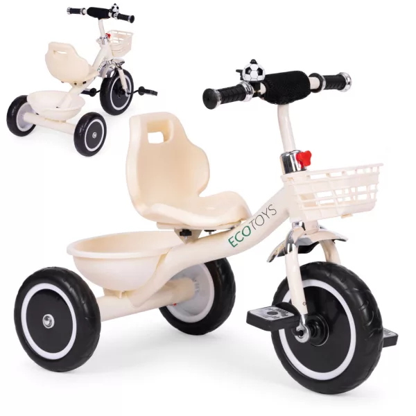 ECOTOYS tricikli csúszásmentes markolattal, csengővel, kosárral, bézs