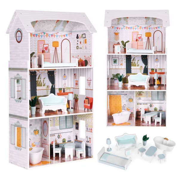 ECOTOYS Alice babaház 3 szinttel, 4 szobával, 9 bútoros készlet