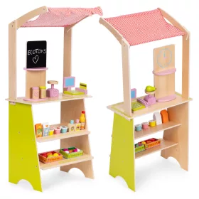   ECOTOYS fa piaci stand gyerekeknek mérleggel, terminállal, gyümölcsökkel és zöldségekkel, 20 részes