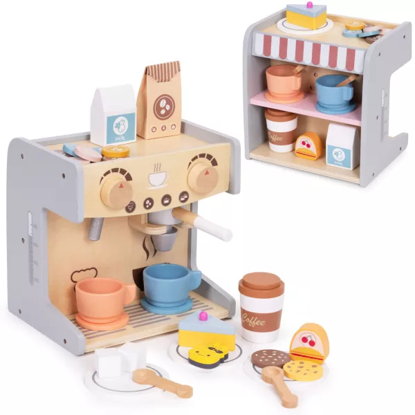 ECOTOYS fa kávéfőző gyerekeknek, 2-in-1 bolti-barista szett, 26 kiegészítővel