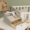 ECOTOYS fa játék pénztárgép gyerekeknek szkennerrel, bankjegyekkel, érmékkel és kártyával