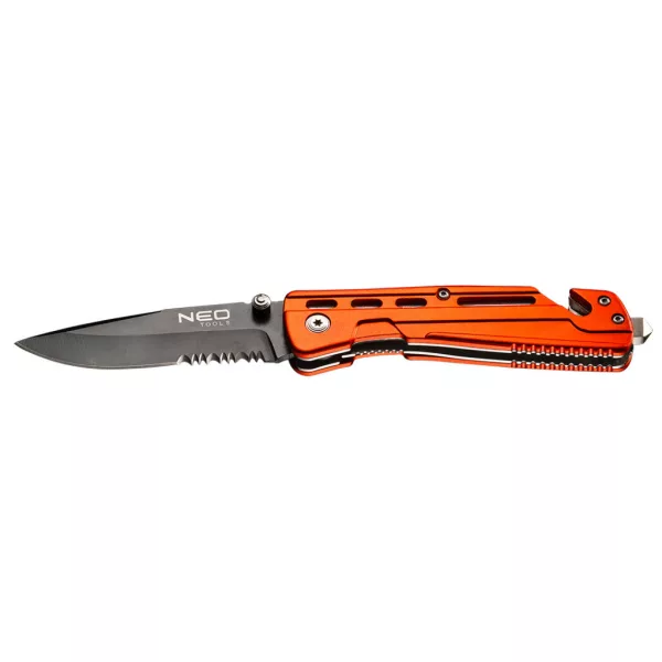 NEO TOOLS Összecsukható kés, 11,5cm, retesszel és szíjvágó pengével, penge: 8.5cm 63-026
