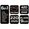 NEO TOOLS Összecsukható Túlélőkés, 22cm, 6 az 1-ben: kés, síp, kovakő, csavarkulcs, szíjvágó, üvegtörő, penge: 9cm 63-107