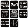 NEO TOOLS Taktikai kés, full-tang, teljes hossz 20cm, rozsdamentes acél, kovakő tűzgyújtáshoz, 9cm penge hossz 63-109