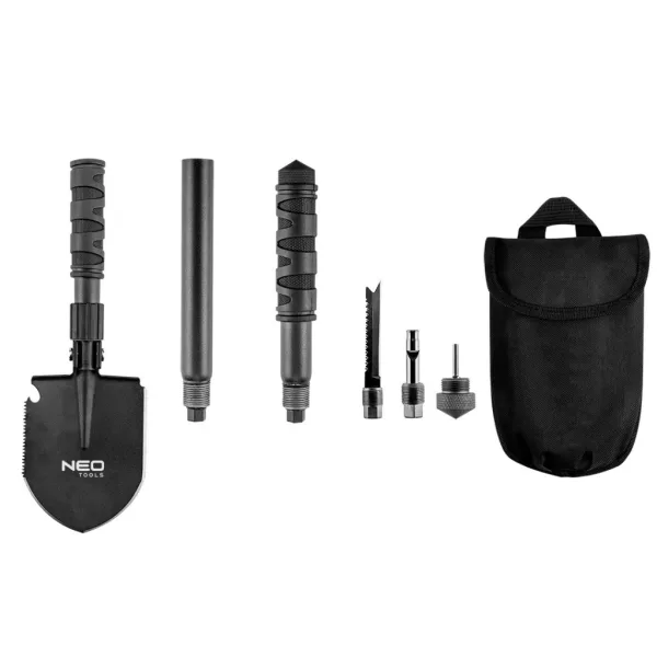 NEO TOOLS Multifunkciós túlélő tábori ásó, 63cm, ásó, fűrész, csákány, palacknyitó, kovakő, kés, üvegtörő, síp 63-122