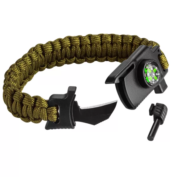 NEO TOOLS Túlélő karkötő 5 az 1-ben: 3.5m paracord(250kg-ig), kovakő, iránytű, kés, síp, zöld, szélessége 26mm 63-140