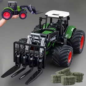  1/24 méretarányú traktor játékkészlet rakodókarral és széna bálákkal
