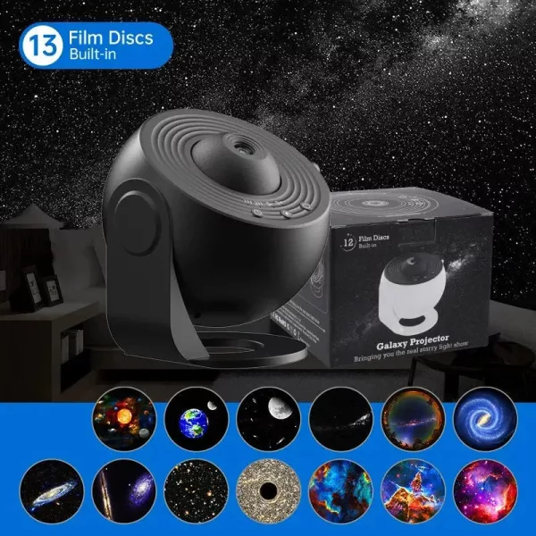 Galaxy projektor éjszakai fény - 13 cserélhető filmes koronggal