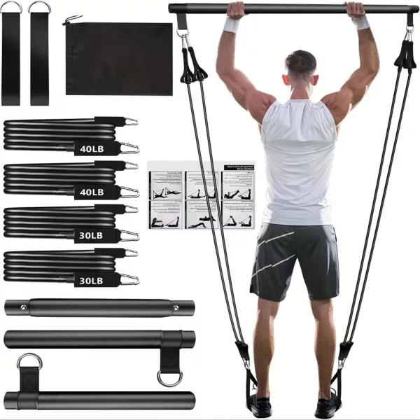 8db Készlet - Pilates Bar Készlet 4 Ellenállási Szalaggal (63.5 KG) 8 részes fekete【63.5 kg】