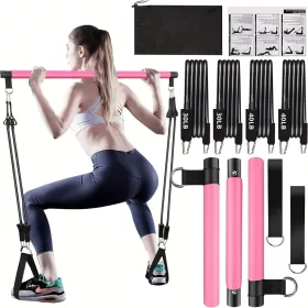   8db Készlet - Pilates Bar Készlet 4 Ellenállási Szalaggal (63.5 KG) 8 részes rózsaszín【63.5 kg】
