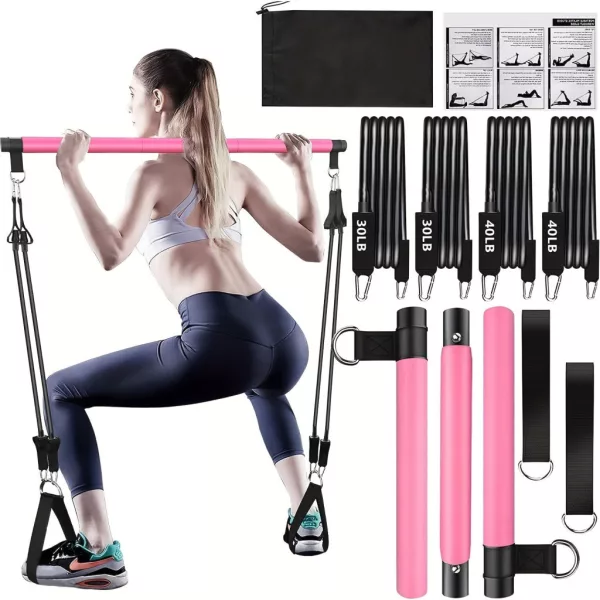 8db Készlet - Pilates Bar Készlet 4 Ellenállási Szalaggal (63.5 KG) 8 részes rózsaszín【63.5 kg】
